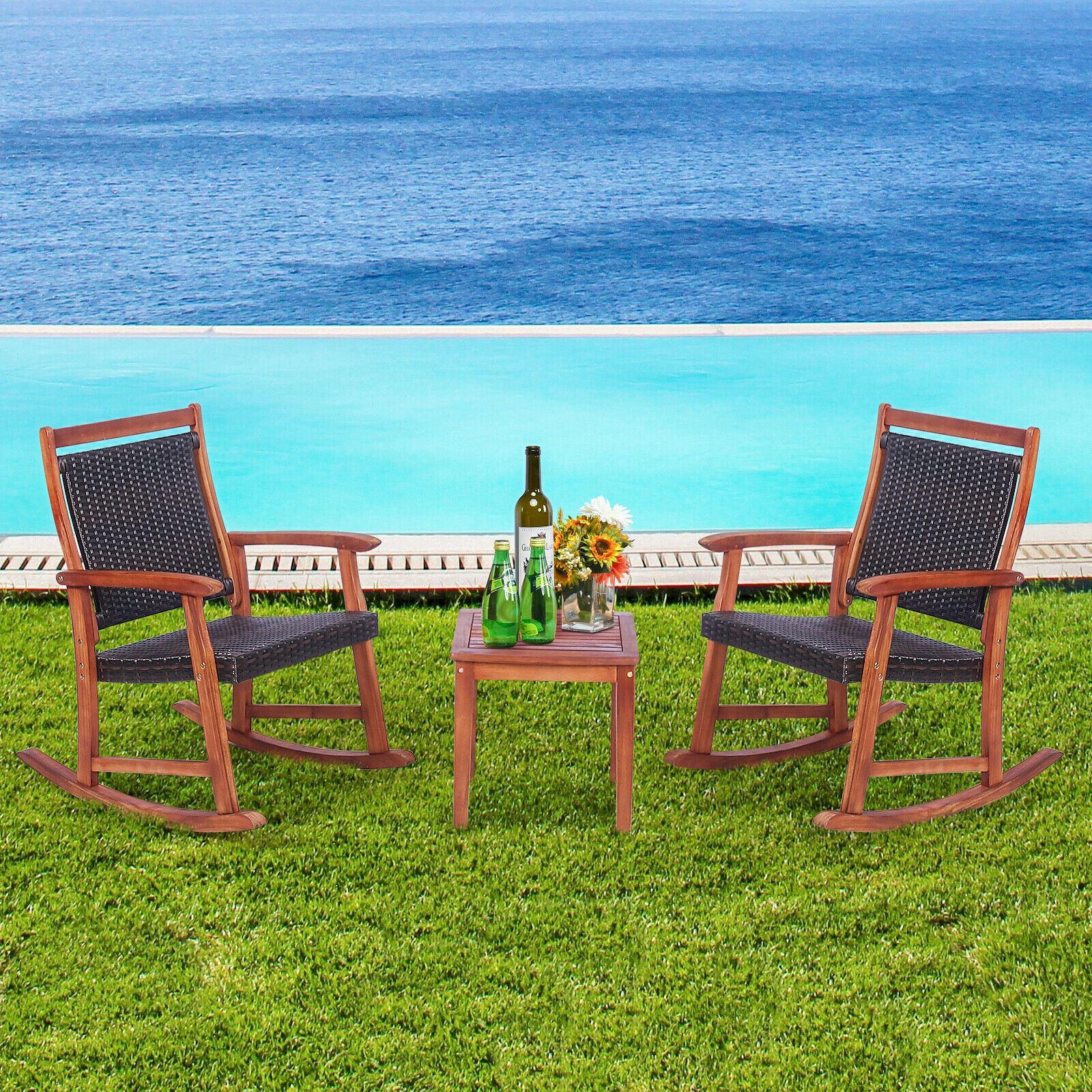 3 Piece Rattan Rocking Chair Set for Outdoor